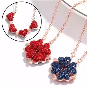 NEW Red Blue Heart 💙‎ Clover Necklace Double Sided Necklace. Women's Fashion